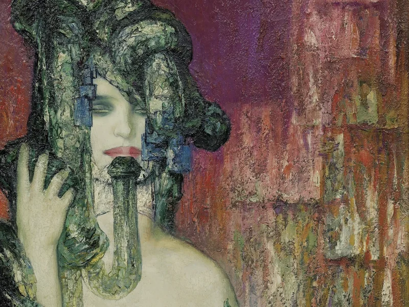 1869-Pierre Marcel-Béronneau - La gorgone su uno sfondo rosa e viola, con la testa e il corpo ricoperti di serpenti